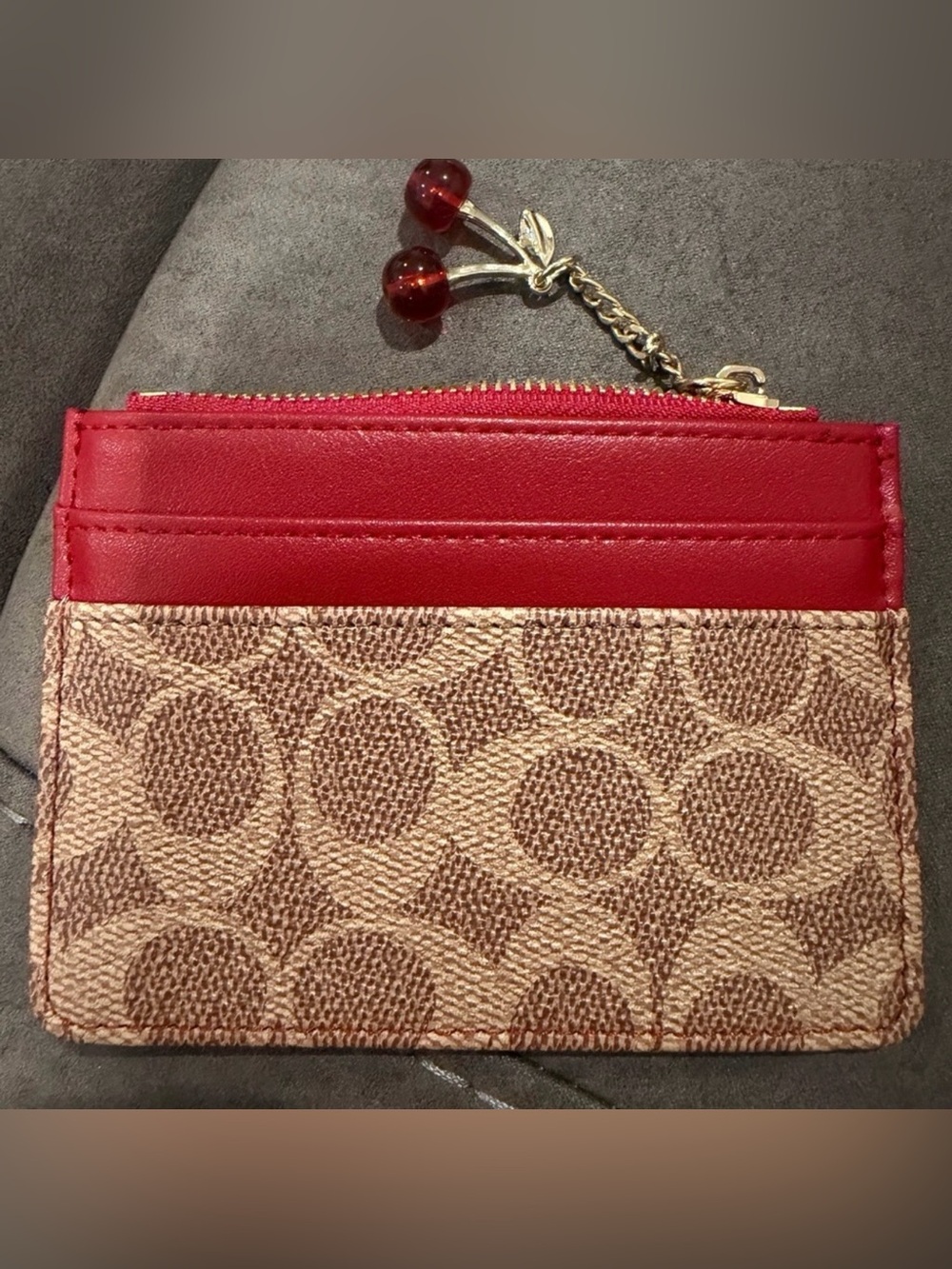New Red Trim Signature Monogram Card Case with Cherry Charm